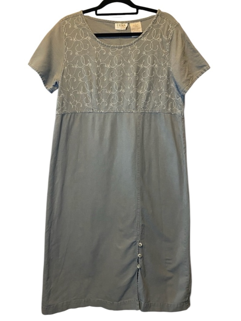 90s Linen Blend Midi Dress Women’s Medium Gray Embroidered Modest Teacher